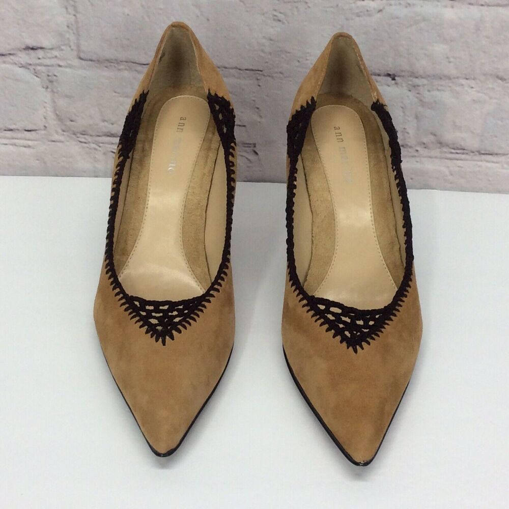 Ann Marino Leather Suede Pump Shoes Womens Size 7.5 Tan/Black Crochet Trim Heels - Picture 3 of 12